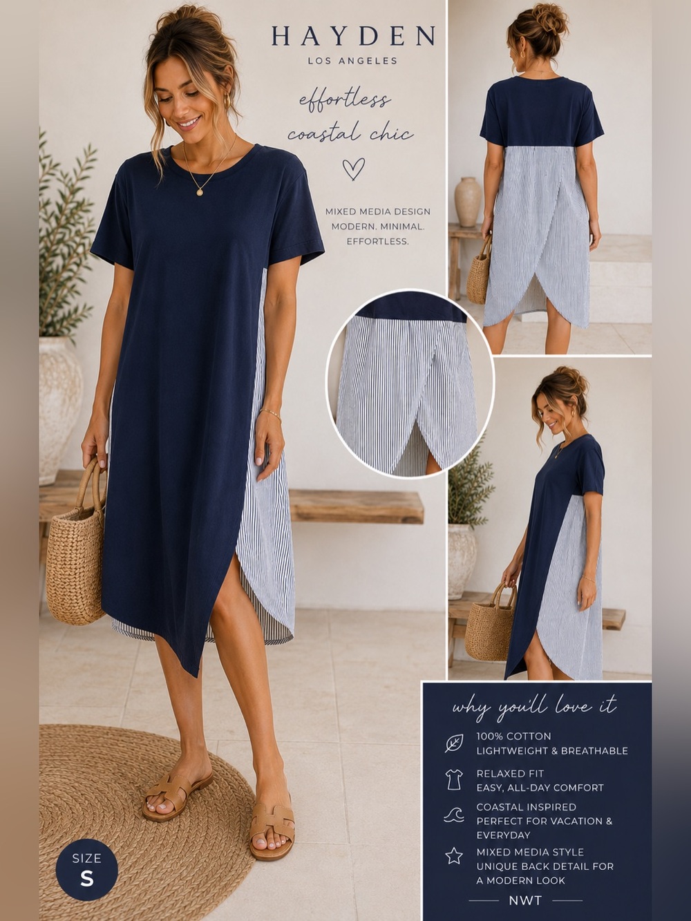 NWT Hayden Los Angeles Navy Stripe Mixed Media Shift Dress Size S - A9